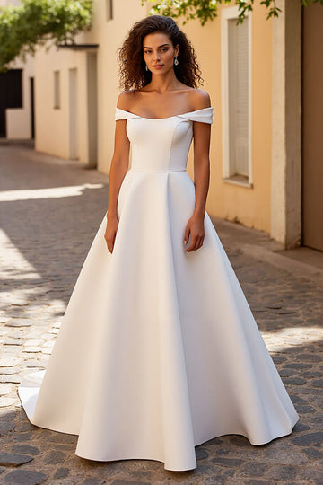 Simple Ivory Off The Shoulder Long Wedding Dress